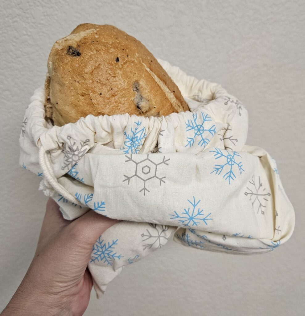 Bread from farmers market in bread bag for this month's bread challenge