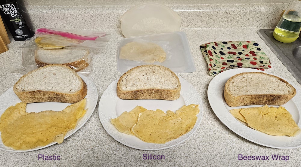 Plastic wrap alternatives in the freezer. Silicone, beeswax wrap, and plastic for comparison.