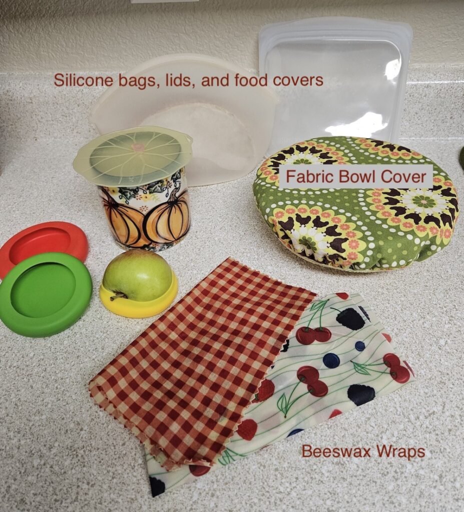 3 plastic wrap alternatives - silicone products, fabric bowl covers, beeswax wraps.