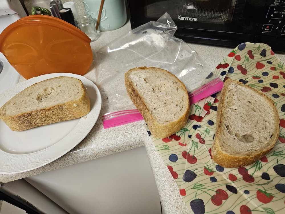 The bread after a month in the freezer using the plastic wrap alternatives.