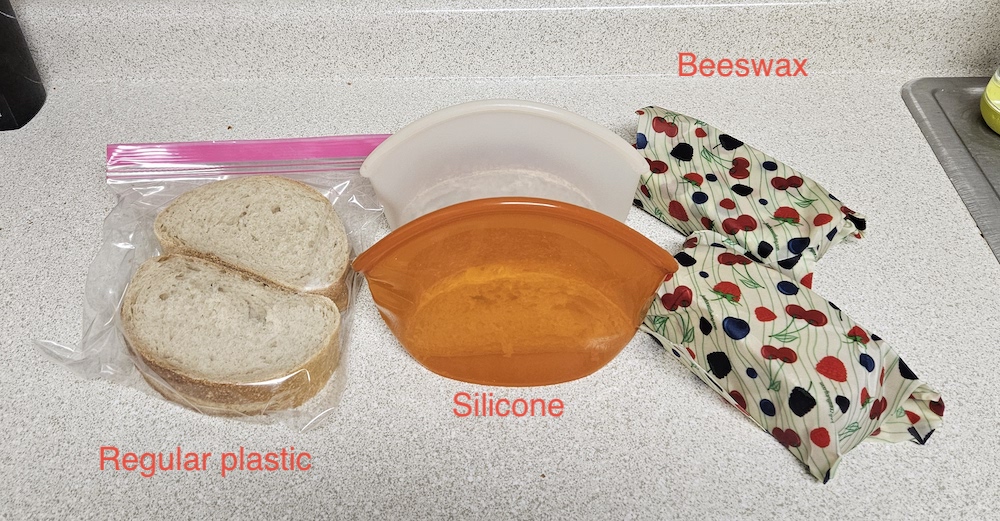 Bread in a plastic bag and 2 alternatives to plastic wrap, silicone and beeswax wraps.