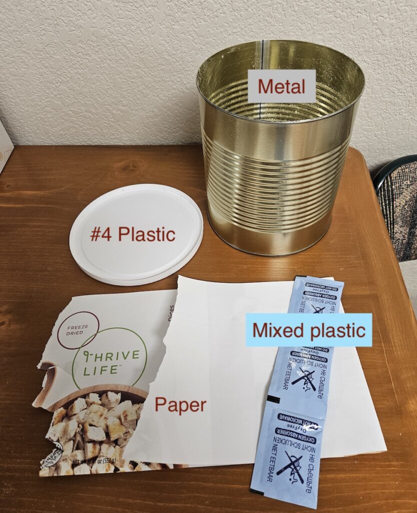 Components of the freeze-dried food can for recycling.